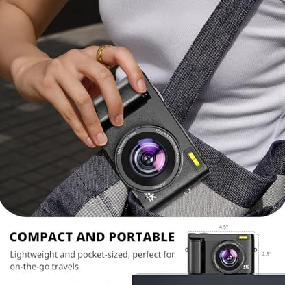 Duluvulu 4K Digital Camera for Photography Autofocus, 2026 Latest 48MP Vlogging Camera for YouTube with SD Card, 2 Batteries, 3" 180°Flip Screen Compact Travel Camera for Teens with 16X Zoom,Black - color: Black