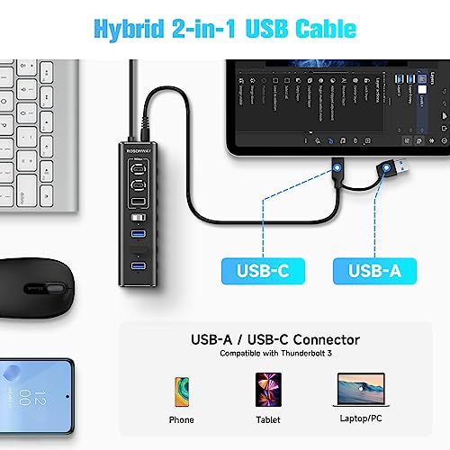 Powered USB Hub, Rosonway 7-Port USB 3.2/USB C Hub with 10Gbps USB-A 3.2, 2 USB-C 3.2, 4 USB 3.0 Ports, Individual Switches and 12V Power Adapter, Aluminum USB Port Expander for Laptop/PC, RSH-A107C - size: 7-Port Powered USB 3.2+USB 3.0 Hub