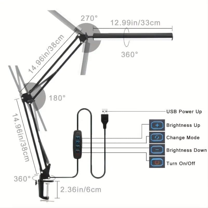 LED Desk Lamp with Eye-Caring 3 Modes 10 Brightness, Adjustable Swing Arm Long Flexible Lamp for Office Workers and Students, USB Port