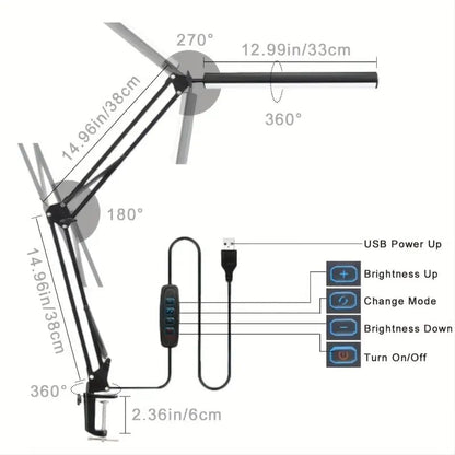 LED Desk Lamp with Eye-Caring 3 Modes 10 Brightness, Adjustable Swing Arm Long Flexible Lamp for Office Workers and Students, USB Port