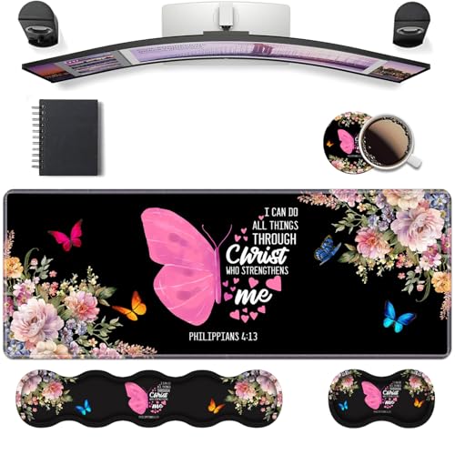 Ergonomic Keyboard Wrist Rest & Mouse Pad Wrist Rest Set, Butterfly Quote Bible Verse Philippians 4-13 Large XXL Gaming Desk Mat 31.5"x 11.8" with Non-Slip Base, Memory Foam for Home Office Study Game - color: Butterfly Quote Bible Verse Philippians 4-13