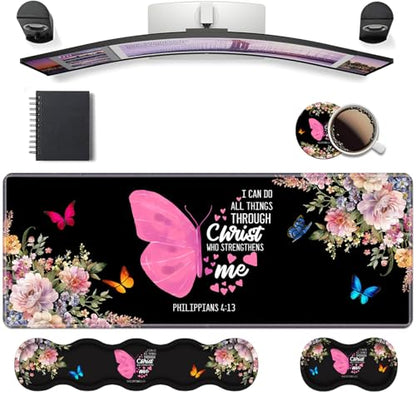 Ergonomic Keyboard Wrist Rest & Mouse Pad Wrist Rest Set, Butterfly Quote Bible Verse Philippians 4-13 Large XXL Gaming Desk Mat 31.5"x 11.8" with Non-Slip Base, Memory Foam for Home Office Study Game - color: Butterfly Quote Bible Verse Philippians 4-13