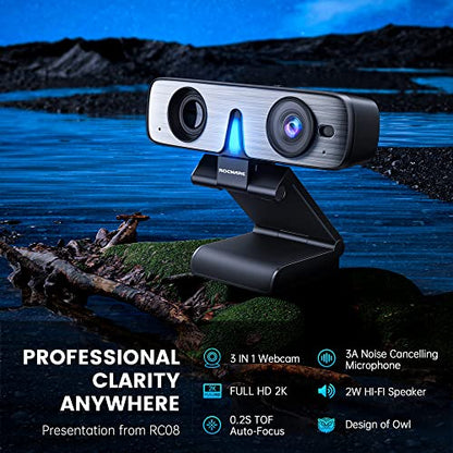 RC08 2K Webcam with Speaker, Webcam for PC, HD Web Cam with Noise Reduction Mic/Harman Speaker/4X Eptz/Privacy Cover/0.2S Auto-Focus/Low Illumination, Computer Camera for Zoom/Teams/Meeting - style: RC08 Webcam with Speaker