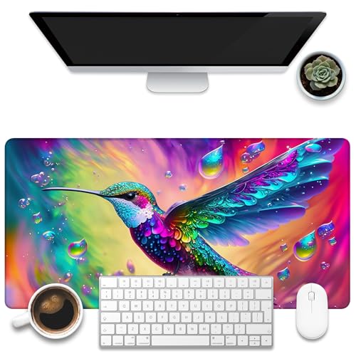 Large Gaming Mouse Pad for Desk, Colorful Hummingbird Desk Mat, Bright Hummingbird Desk Pad, 31.5"x15.7" Extended Big Computer Keyboard Mouse Pad with Non-Slip Base and Stitched Edge - color: Colorful Hummingbird