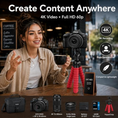 Canon EOS R100 Mirrorless Camera Double Zoom 2 Lens Kit RF-S 18-45mm and RF 75-300mm 6052C111 Bundle with Double Battery, Memory Card, Deluxe Case and Mini Tripod & Accessories - color: Charcoal