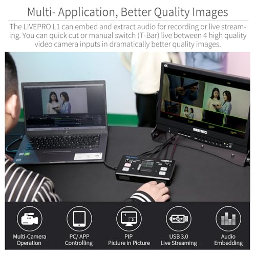 FEELWORLD LIVEPRO L1 V1 Multi Camera Video Mixer Switcher 2 Inch LCD Display 4 x HDMI Inputs USB 3.0 Output Format Real Time Production Live Streaming Lightweight