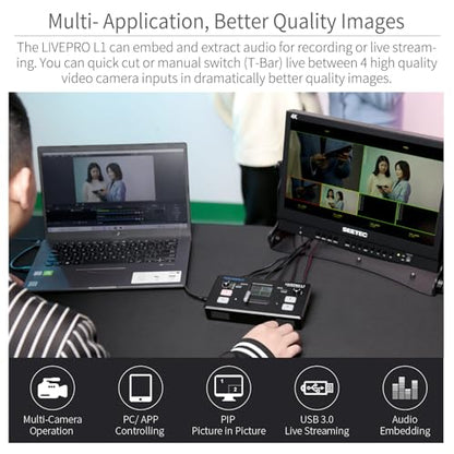 FEELWORLD LIVEPRO L1 V1 Multi Camera Video Mixer Switcher 2 Inch LCD Display 4 x HDMI Inputs USB 3.0 Output Format Real Time Production Live Streaming Lightweight