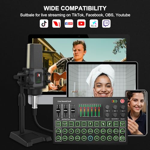 RHM M9 Podcast Equipment Bundle, All-in-One Starter Kit with Condenser Microphone & Tripod, Support Guitar or Bass Connection, 8H Battery, Portable Sound Mixer for TikTok, YouTube, PC, Smartphone