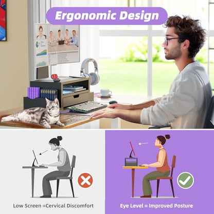 Simple Trending Wood Monitor Stand Riser with Drawer and Pen Holder, Desk Organizer for Home Office, Black - size: 20.25"W x 9.25"D x 5.5"H