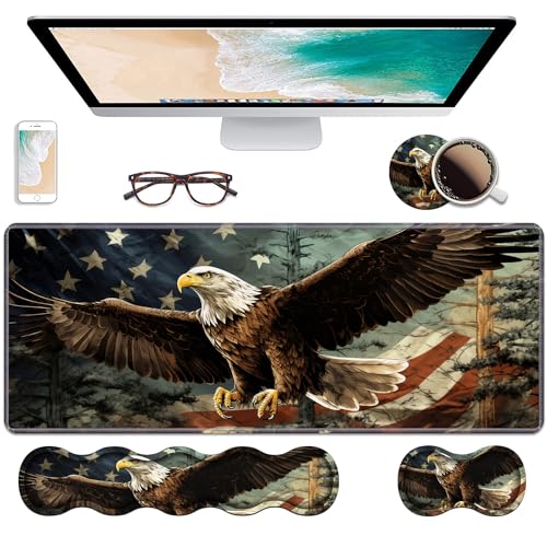 Ergonomic Keyboard Wrist Rest & Mouse Pad Wrist Rest Set,Large Gaming Desk Mat 31.5"x 11.8" with Non-Slip Base,Memory Foam,Easy Typing Pain Relief for Home & Office,Patriotic American Flag Bald Eagle - color: Patriotic American Flag Bald Eagle