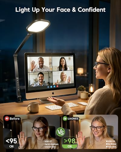 LitONES Remote LED Desk Lamp with Clamp – Professional Home Office Lighting for Zoom Meeting/Video Call/Reading, 2000LM Eye-Caring Dimmable Light with 30 Light Modes, Memory, Timer, CRI 97.8