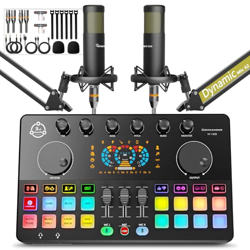 Podcast Equipment Bundle for 2, Audio Mixer with XLR Dynamic Microphone, Voice Change,RGB for Vocal Recording Podcasting,Streaming Singing TikTok, PC, Smartphone COMMANDER M100 3rd - color: HS-M100-2D