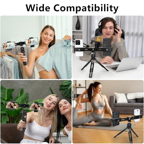 Multifunctional Smartphone Video Kit, with Universal Phone Desktop Tripod with Dual Phone Holders and 4 Cold Shoe mounts for vlogging, Live Streaming, Online Video Teaching, and conferences