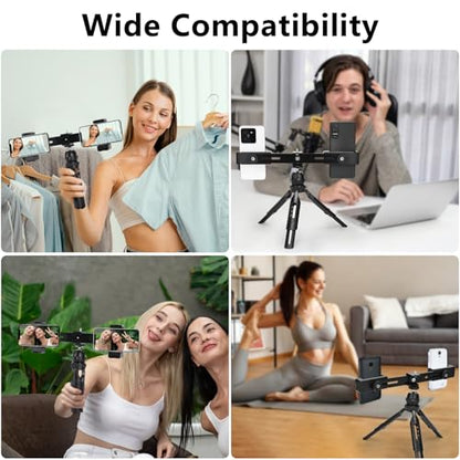 Multifunctional Smartphone Video Kit, with Universal Phone Desktop Tripod with Dual Phone Holders and 4 Cold Shoe mounts for vlogging, Live Streaming, Online Video Teaching, and conferences