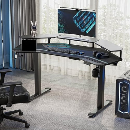 EUREKA ERGONOMIC Gaming Desk Adjustable Height Standing Desk 63" Wing Shaped Music Studio Table Workstation w Full Coverage Mousepad, 3 Stands, Dual Headphone/Cup Holder, Ipad-Slot - color: Black, size: 63"W x 48"H-Adjustable
