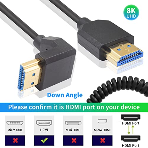 Duttek 90 Degree HDMI Coiled Cable 8K, Extreme Thin Down Angled HDMI Male to Male Coiled Cable, Short HDMI Cable High Speed 48Gbps Support 8K@60Hz 4K@120 for TV/Xbox /PS4 /PS5 4FT/1.2M - style: Down Angle HDMI Male to Male