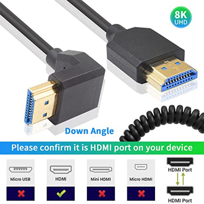Duttek 90 Degree HDMI Coiled Cable 8K, Extreme Thin Down Angled HDMI Male to Male Coiled Cable, Short HDMI Cable High Speed 48Gbps Support 8K@60Hz 4K@120 for TV/Xbox /PS4 /PS5 4FT/1.2M - style: Down Angle HDMI Male to Male