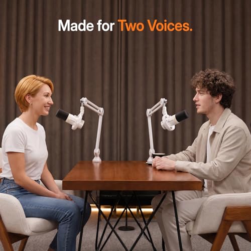 MAONO PD200W Hybrid Wireless Podcast Equipment Bundle for 2, XLR USB Dynamic Microphone Kit with 2 Desktop Stand, Software, Noise Cancellation, for Co-hosted, Podcasting, Content Creation,White - color: White