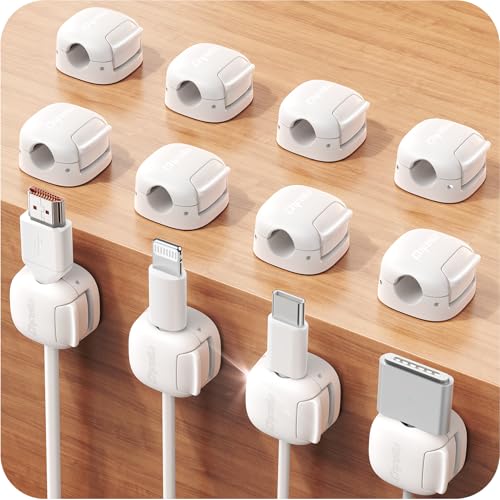 12Pack Cord Organizer, Chfeila Compact Dual Spring & Clasp Lock Cable Management Clips, Adhesive Phone Charger Keeper, Wire Holder for Nightstand/Car, Home Office Desk Accessories Decor Essentials - color: White-12Pack