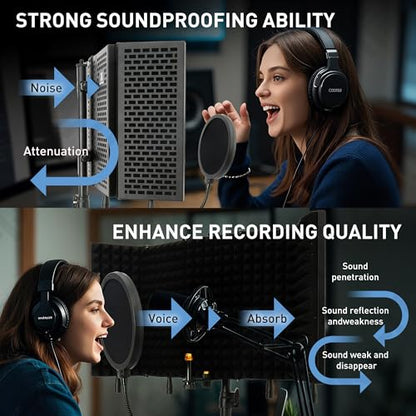 5-Sided Isolation Shield Microphone Stand, Studio-Grade Soundproof Booth with Pop Filter & High-Density Foam, Adjustable Tripod for Home music studio, Podcasting Mic Stand with Pop Filter