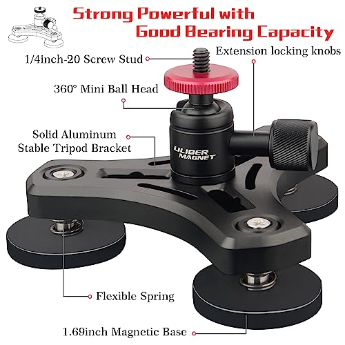 ULIBERMAGNET Magnetic Action Camera Mount,100LB Solid Aluminum Magnetic Mount Tripod with Mini Ball Head,Strong Rubber Coated Magnet with 1/4’’-20 Male Thread Stud for GoPro,Security Camera - style: 100LB Triangle Magnetic Camera Mount