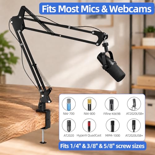Mic Boom Arm, 1/4 3/8 5/8" Low Profile Microphone Stand, Cable Management | 360° Rotatable, Desk Mount Clamp, Heavy Duty Metal Black, Spring Damping, Streaming, Gaming, Recording, Podcasting, Studio