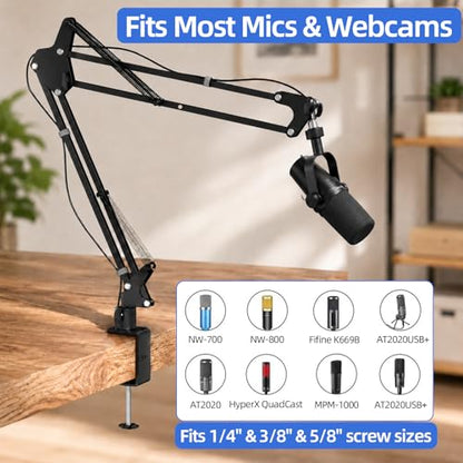 Mic Boom Arm, 1/4 3/8 5/8" Low Profile Microphone Stand, Cable Management | 360° Rotatable, Desk Mount Clamp, Heavy Duty Metal Black, Spring Damping, Streaming, Gaming, Recording, Podcasting, Studio