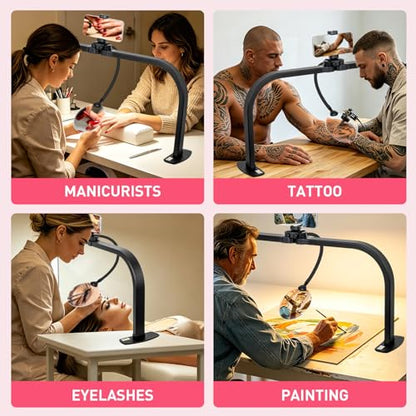 HITTI LED Half Moon Nail Desk Lamp, 30" Foldable Arch Light with 5X Magnifier & Phone Holder for Manicure, Handicraft, Art, Eyelash Extensions - Adjustable Brightness, 3 Color Modes, Home & Salon - color: Black