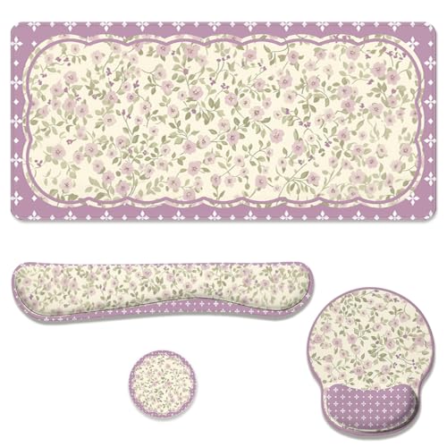 Floral Desk Mat Set Pink Vintage Aesthetic Large Mouse Pad with Wrist Rest 4in1 Desk Mat for Desktop Ergonomic Keyboard Wrist Support Anti-Slip Computer Ergonomic Mouse Pad Home Office Gaming - color: Floral