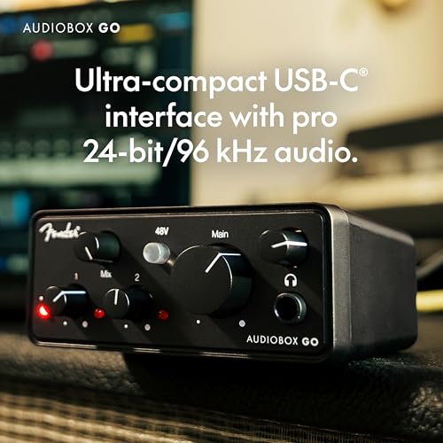 Fender AudioBox GO USB Audio Interface, for Guitarist, Vocalist, or Producer. Includes easy to use software, Fender Studio app, Amp and FX pack to create Studio Quality recordings. PC/Mac | 6-Month Fender Studio Pro Trial, 1 Xlr Combo, 1 Hi-Z Input, Plus