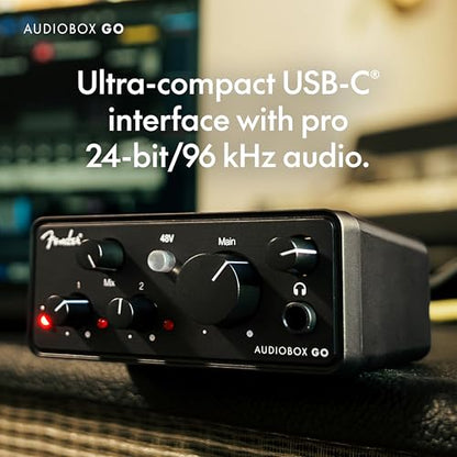 Fender AudioBox GO USB Audio Interface, for Guitarist, Vocalist, or Producer. Includes easy to use software, Fender Studio app, Amp and FX pack to create Studio Quality recordings. PC/Mac | 6-Month Fender Studio Pro Trial, 1 Xlr Combo, 1 Hi-Z Input, Plus
