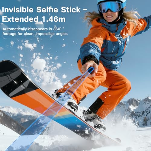 Invisible Selfie Stick Tripod 146cm, 2 in 1 Extension Monopod Pole for Insta360 X5 X4ONE X2,1/4" Action Camera Selfie Stick Handle Grip with Adapter for GoPro, DJI Osmo Action 5 Pro/4 - size: 146CM
