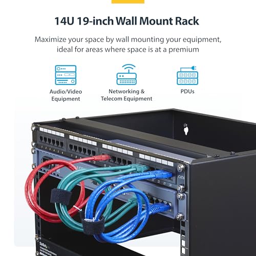 StarTech 14U 19in Wall-Mount Network Rack, 14in, 77lb (RACK-14U-14-BRACKET) | Low-profile shallow rack, M6 screws and cage nuts, Fits gear up to 12in deep, Rear cable slot, Steel - size: 14U