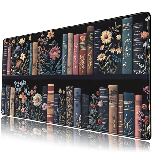 Bookish Desk Mat Floral Bookshelf Desk Pad Faux Embroidery Large Mouse Pad XXL Extended Mousepad Flower Aesthetic Keyboard Pad Mouse Mat 31.5''X15.7''in Book Lovers Gift Office Decor for Women - color: Bookish Black