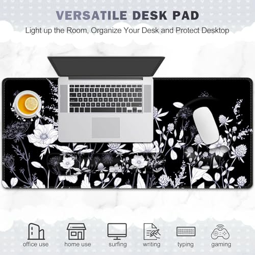 Gaming Mouse Pad, Large Desk Mat, Cute Desk Pad Protector, 4in1 XXL Mousepad + Keyboard Wrist Rest+Mouse Wrist Rest+Coaster Set with Ergonomic Desk Pad for Home Office PC Computer, Black White Flowers - color: Black White Flowers