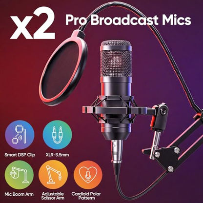 2026 Upgraded Podcast Equipment Bundle for 2, Recording Studio Kit with Dual Condenser Microphones, Audio Interface Mixer (4 Custom Sound Effects), Easy Setup for Podcasting, Streaming & Gaming