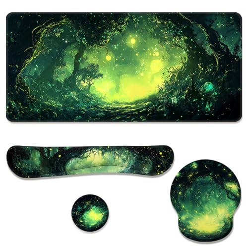 Magic Forest Desk Mat Set Green Fantasy Landscape Large Mouse Pad with Wrist Rest 4in1 Desk Mat for Desktop Ergonomic Keyboard Wrist Support Anti-Slip Computer Ergonomic Mouse Pad Home Office Gaming - color: Magic Forest