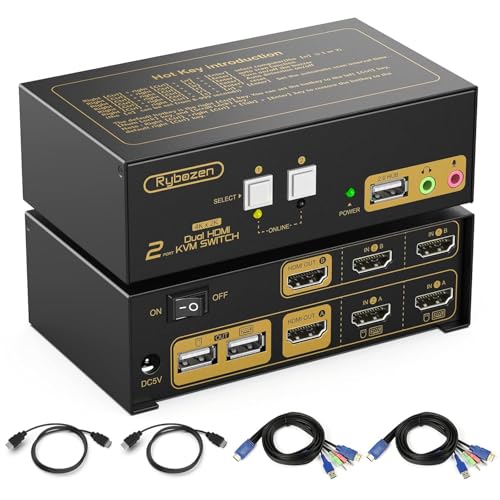 HDMI KVM Switch 2 Monitors 2 Computers, 2 Port Dual Monitors KVM Switcher for 2 PCs Share 2 Monitors and 3 USB Ports, 4K@30 Resolution, with EDID, Audio & Jack Port - color: KVM Switch