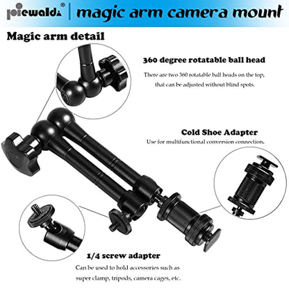 Niewalda Magic arm Camera Mount ，articulating arm- 11 Inch Metal Adjustable Friction Articulated arm with Super Clamp/Phone Clip, for Various Action Camera/DSLR/LCD Monitor/LED Lights/Cell Phone - color: 11 Inch Black Magic Arm