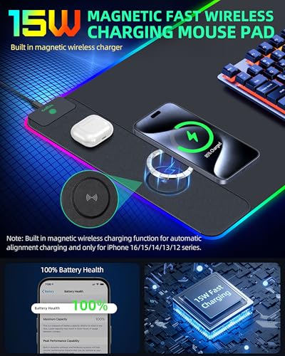 Mouse Pad with Wireless Charging, RGB Gaming Desk Mat, 31.5"x15.7" Large XXL Desk Pad, 15 Lighting Modes, Non-Slip Mouse Mat, Waterproof Computer Keyboard Pad, Black with 20W PD Power Adapter - color: Rgb - 31.5"x15.7" (20w Pd Adapter)