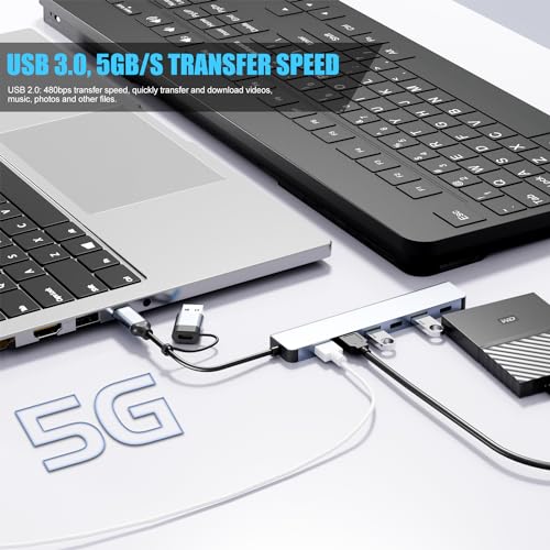 Aluminum 7 in 1 USB C/USB Hub, 2* USB C and 5* USB, USB 3.0 and USB 2.0 Ports, Ultra Slim Portable USB Splitter Adapter for Laptop, PS4, Flash Drive, HDD, Xbox, Printer, Mouse, Keyboard