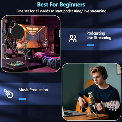 SINWE Podcast Microphone Bundle, BM-800 Condenser Mic with Live Sound Card Kit, Podcast Equipment Bundle with voice changer and Mixer functions for PC Smartphone Studio Recording & Broadcasting