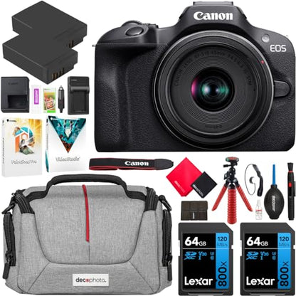 Canon EOS R100 Mirrorless Camera Body with RF-S 18-45mm F4.5-6.3 is STM Lens 6052C012 Bundle with Deco Gear Photography Bag + 2 x Battery + 2 x 64GB Memory Cards + Accessories Kit - color: Raven
