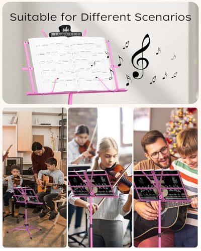K KASONIC - Music Stand, 2 in 1 Dual-Use Folding Sheet Music Stand & Desktop Book Stand, Portable, Lightweight with Music Sheet Clip Holder & Carrying Bag Suitable for Instrumental Performance (Pink) - color: 1 Pack Pink