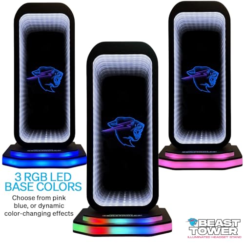 Feastables Beast Tower MrBeast Gaming Headphone Stand | RGB Light Display with Infinity Mirror Effect and Logo | Universal Headset Holder; USB Powered Desk Computer Accessory for Gamers and Streamers