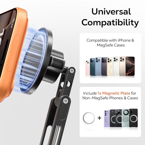 MoKo MagSafe Tripod Mount, All Metal 360° Adjustable Phone Mount for Tripod & Camera with 1/4" Screw & Cold Shoe, Compatible with iPhone 12-17 Series, for Camera Monitoring, Stabilizers, Sony/Canon