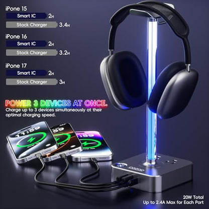 cozoo Gifts for Gamer Men All-in-One RGB Headset Stand & Charging Station | 3 USB Ports, 2 Outlets, Metal Space Gray | Gaming Equipment, Game Room Setup, Christmas Gifts for Him,Teen Boys,Tech Lovers - color: Gray - RGB