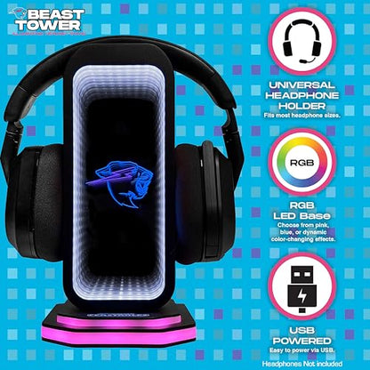 Feastables Beast Tower MrBeast Gaming Headphone Stand | RGB Light Display with Infinity Mirror Effect and Logo | Universal Headset Holder; USB Powered Desk Computer Accessory for Gamers and Streamers