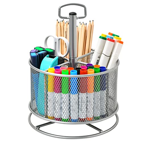 Marbrasse Mesh Desk Organizer, 360-Degree Rotating Multi-Functional Pen Holder, 4 Compartments Desktop Stationary Organizer, Home Office Art Supply Storage Box Caddy (silver) - color: Silver