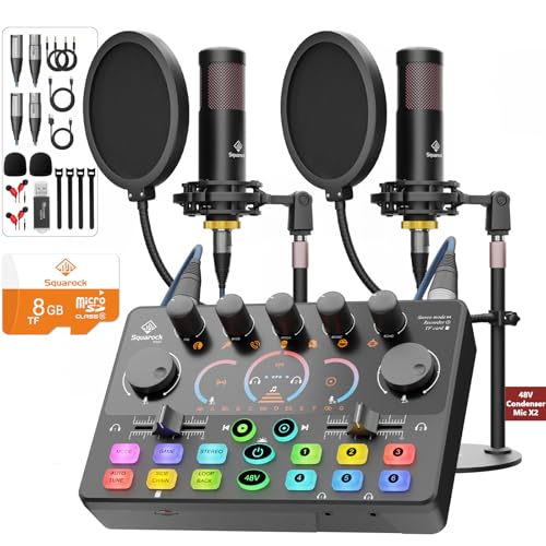 Podcast Equipment Bundle for 2, RGB Mixer with Premium 48V XLR Condenser Microphone Micro-SD card, Surround Sound, for Live Streaming/TikTok/YouTube, Compatible with iOS,Android,PC,Camera RS2i2 - style: Audio interface+ 2 condenser mics